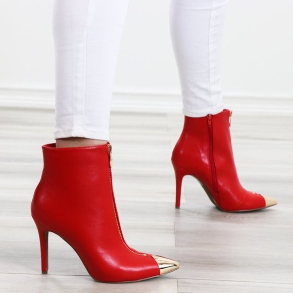 Ankle Red Boots Faux Leather Gold Pointy Toe - Picture 8 of 14